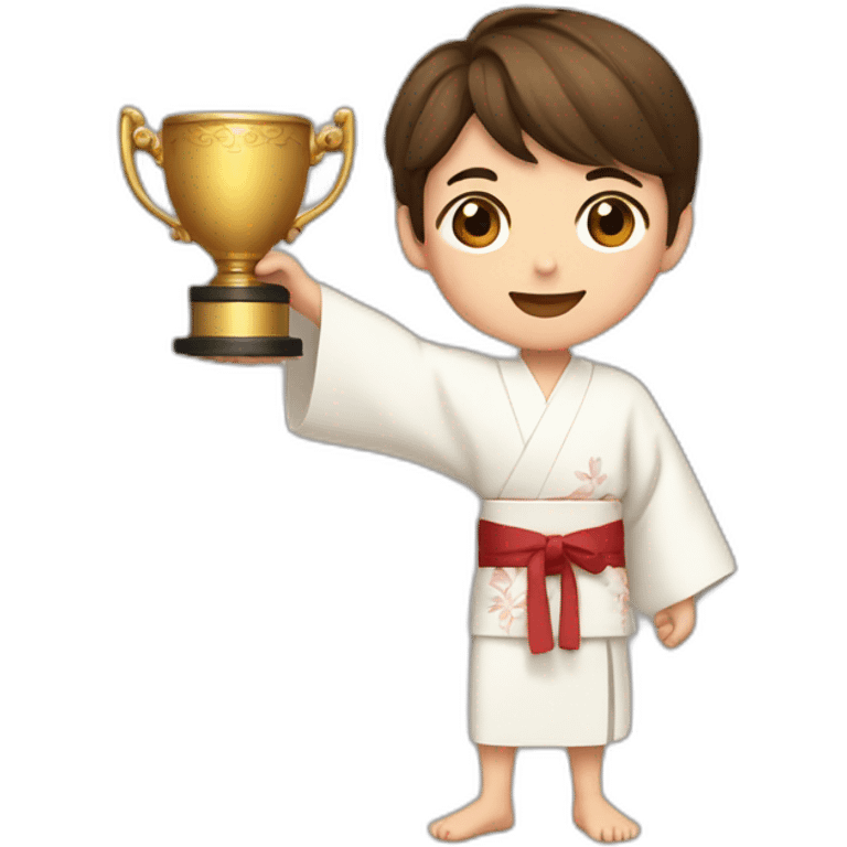 a 12-year-old boy with brown hair in a white kimono holds a prize cup with two hands emoji