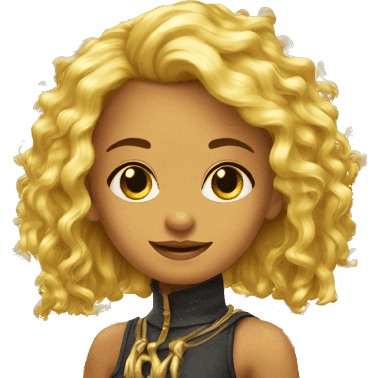 cabelo amarelo ate os ombros cor de pele beji menina com um golden olhos escuros com camizeta lilaz com um iphad lilaz emoji