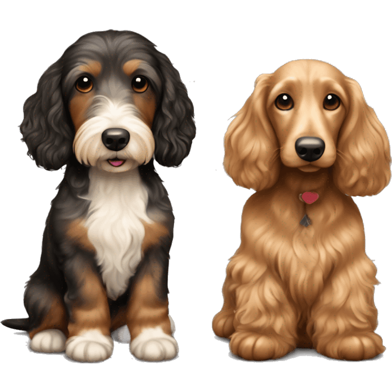 Brown golden doodle and black and tan and cream longhair dachshund sitting together  emoji