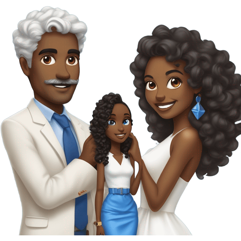 “Brown-skinned Black woman in her mid-20s with blowout curls, wearing a white dress, holding a blue mini Hermes Kelly, and a 7-carat ring. A white man with blue eyes, grey hair, mustache, and an expensive watch, smiling at her.” emoji