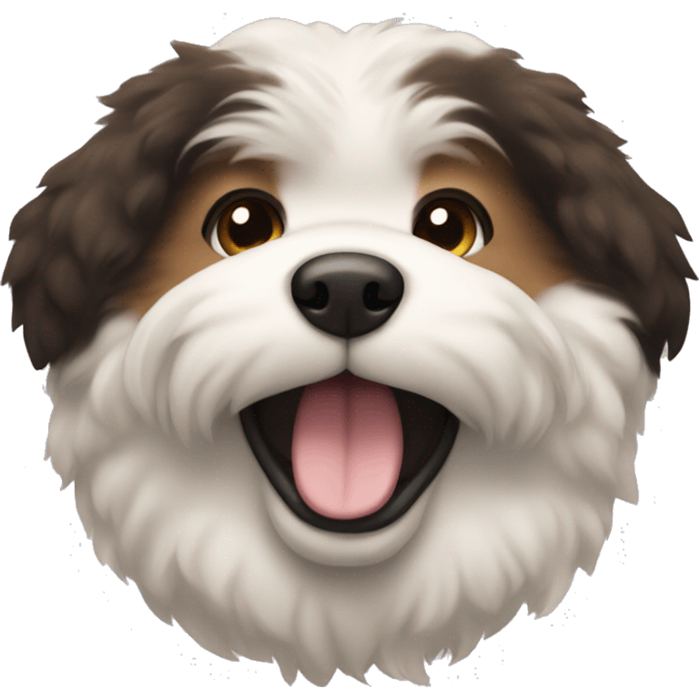 An emoji of a fluffy dog with a mix of black and brown fur, showcasing its thick coat and friendly expression emoji