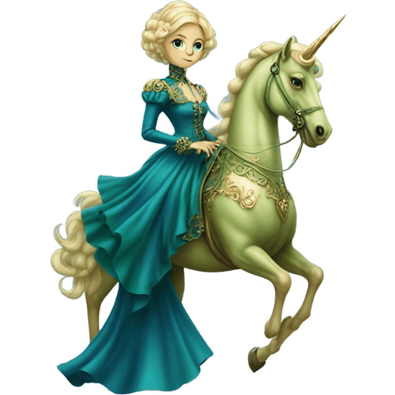 "galora green blonde alien woman" in blue Victorian dress elegant, full body, on gold unicorn emoji