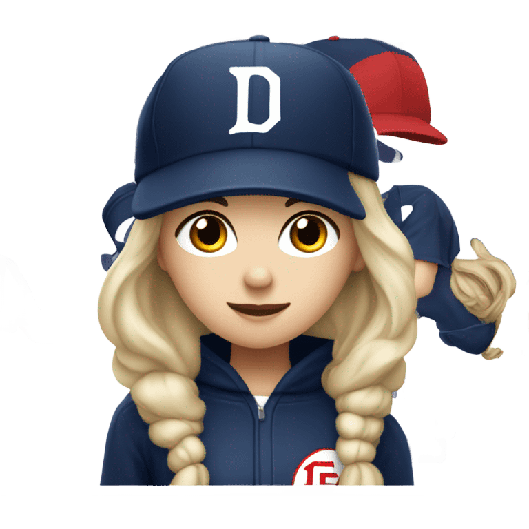 White girl with black long hair who wearing navy ballcap emblazoned with a red D initial and wearing baseball uniform emoji