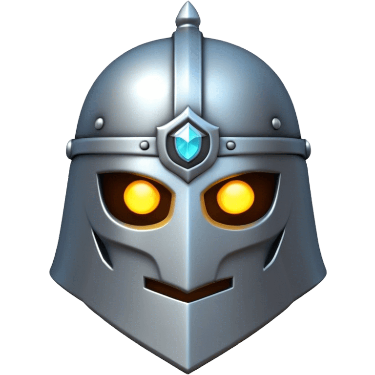 Clash of Clans aesthetic: Cinematic Playful 3D Isometric steel helm Emoji, rendered in a 3D vector-style similar to standard emojis with minimal shading and bold, simplified shapes. A compact, distinct form with signature details, softly glowing with a fantasy RPG magic charm. Simplified yet unmistakably iconic, highly detailed and consistent, glowing with a soft radiance and high shine. Stylized with a touch of heroic grandeur and a soft glowing outline, capturing the essence of a beloved gaming relic with a friendly, playful manner! emoji