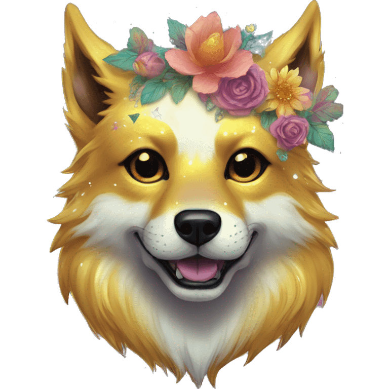 iridescent fluffy dog fox head zombie skull skeleton gold mechanical nebula galaxy stars colorful flowers fairy lights vintage emoji