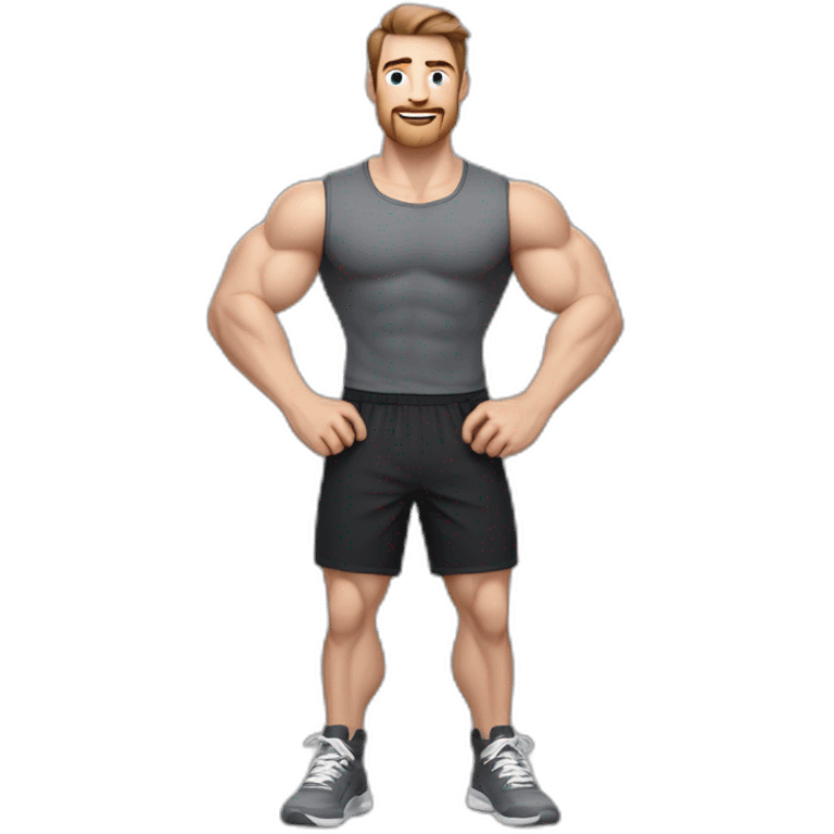 Close up Actively gesturing  with hands Pale skinned Fit Man With the biceps and brown hair in dark gray Sleeveless Mike, black oversize sports shorts, watch and white Sneakers emoji