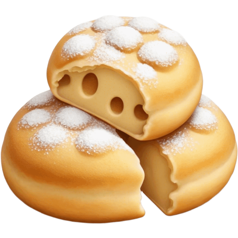 Cinematic Realistic Fritule Dessert Emoji, featuring small, fluffy dough balls dusted with powdered sugar rendered with delicate textures and warm, inviting lighting. emoji