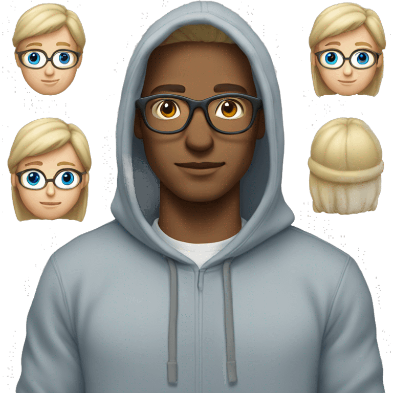 blond man, wide glasses for vision, long hair back, blue eyes, gray hoodie, gray cap emoji