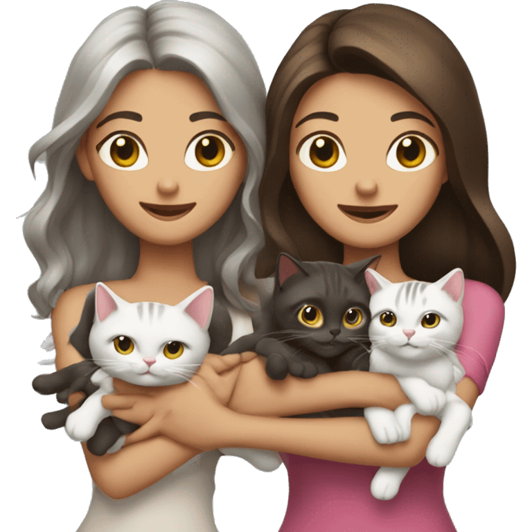 Two ling hair brunettes and three cats in their hands emoji