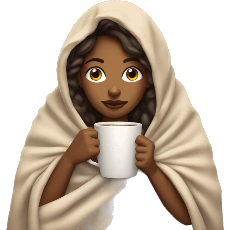 brown girl inside a blanket sipping coffee eyes closed emoji