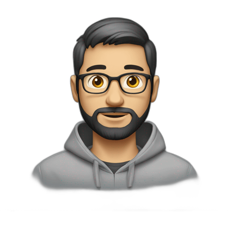 A project manager in a gray hoodie and with a short beard, with gray eyes, with short black hair without a parting, wearing glasses emoji