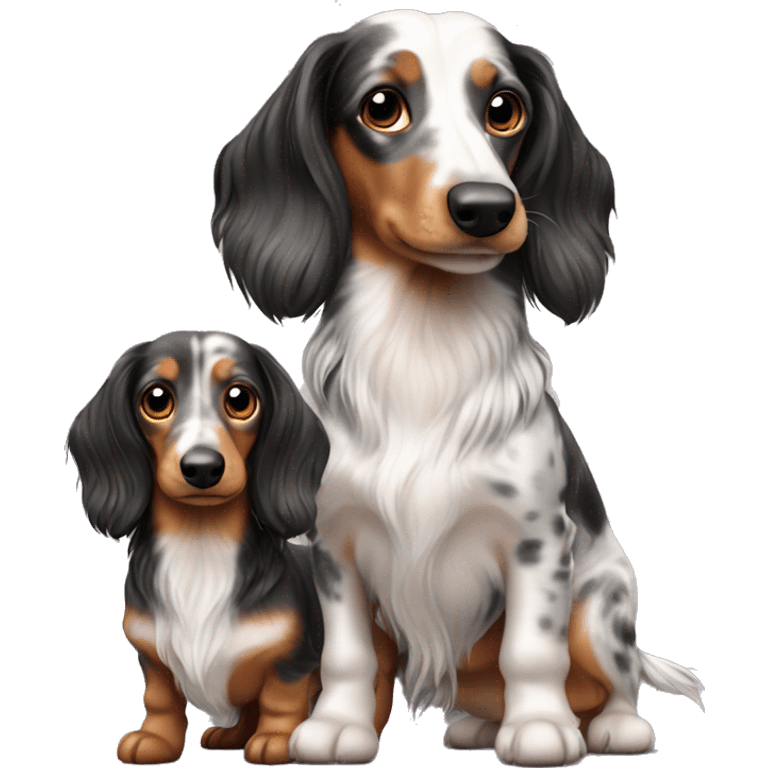 Two tri merle long hair dachshunds together  emoji