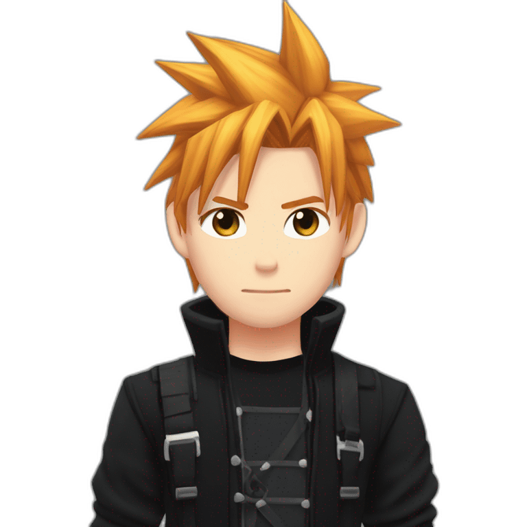 Eyebrow pierced. Cloud strife ginger hair. Black clothes full body  emoji