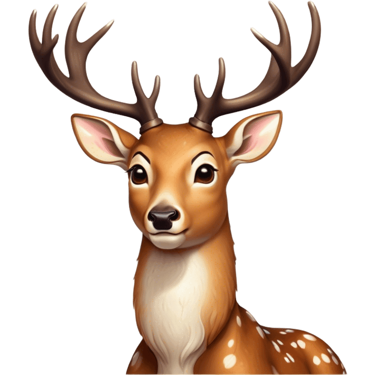 Cinematic Comical Deer Portrait Emoji, Head tilted dramatically with an exaggeratedly amused expression, featuring a sleek dappled coat and whimsically contorted antlers, wide, expressive eyes filled with playful disbelief, Simplified yet hilariously expressive features, highly detailed, glowing with a slightly sassy glow, high shine, dramatic yet playful, stylized with an air of cheeky woodland mischief, bright and endearing, soft glowing outline, capturing the essence of a spirited and over-the-top deer, so meme-worthy it feels like it could side-eye its way into forest folklore instantly! emoji