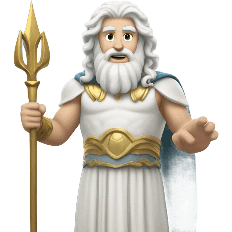 white man Poseidon with gold trident. long white hair white dress. driver emoji