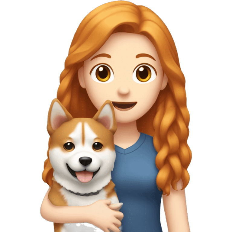 A ginger girl holding Akita in dog and raising her hand emoji