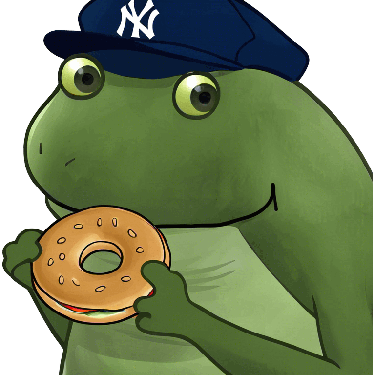 wearing a yankees hat, holding a bagel emoji