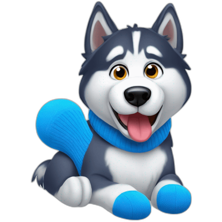 Confused husky with blue sock in his mouth emoji