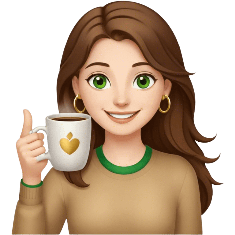 Long, Brown haired girl with middle hair part, green eyes, gold hoop nose ring, smiling, waving with one hand, coffee mug in the other emoji