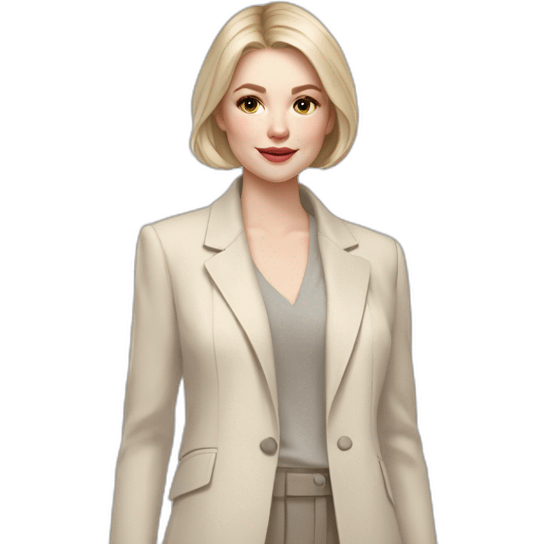 pale skin woman with ash blonde Straightened bob Hair, White Spacious classical jacket, beige palazzo Arrow pants and gray blouse holding a color palettes in the hands emoji