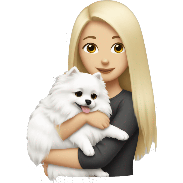 White girl hugging white Pomeranian  emoji