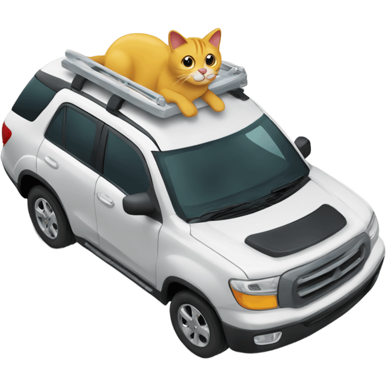 A cartoon emoji-style car with a curious cat peeking out from the open hood of the engine compartment. emoji