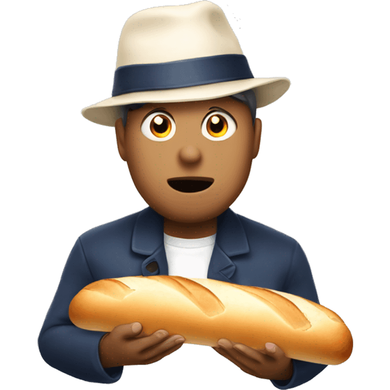 Person with a french hat and a baguette in hand looking shocked emoji