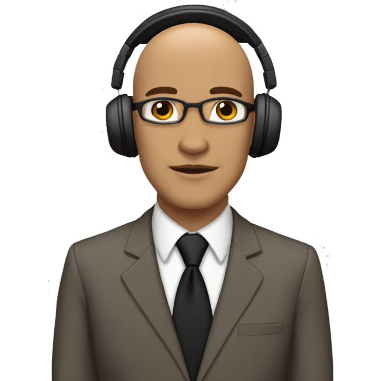 light skinned bald teacher with brown eyes wearing a black suit and a tan tie with a geometric pattern. teacher also wearing headphones  emoji