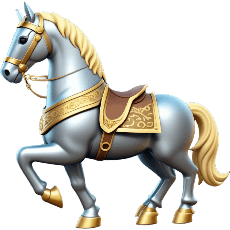 Clash of Clans aesthetic: Cinematic Playful Armored Horse Emoji, rendered in a 3D vector-style similar to standard emojis with minimal shading and bold, simplified shapes. A compact, isometric warhorse outfitted in intricately detailed armor with noble accents, softly glowing with a gallant medieval carriage charm. Simplified yet unmistakably iconic, highly detailed and consistent, glowing with a soft radiant shine and high polish. Stylized with a touch of heroic elegance and a soft glowing outline, capturing the essence of a noble steed ready for battle with a friendly, playful air! emoji