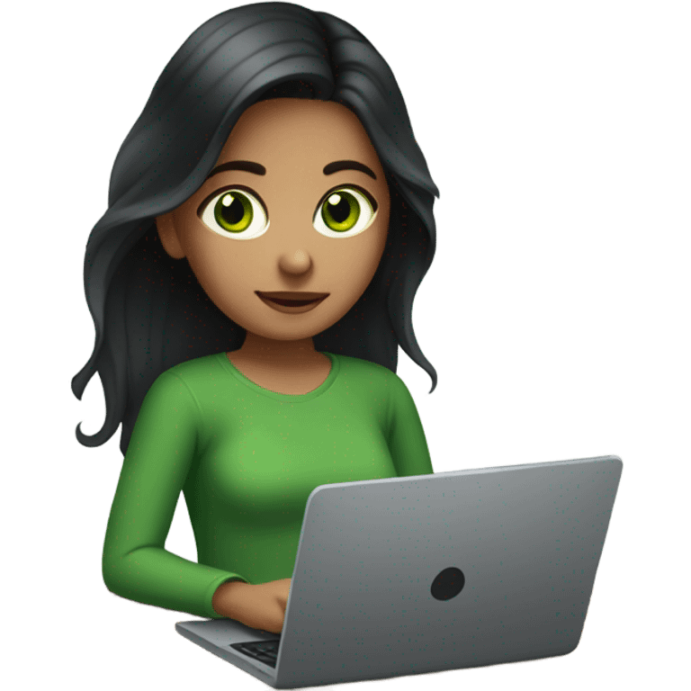 Girl with long dark hair, green eyes and laptop emoji