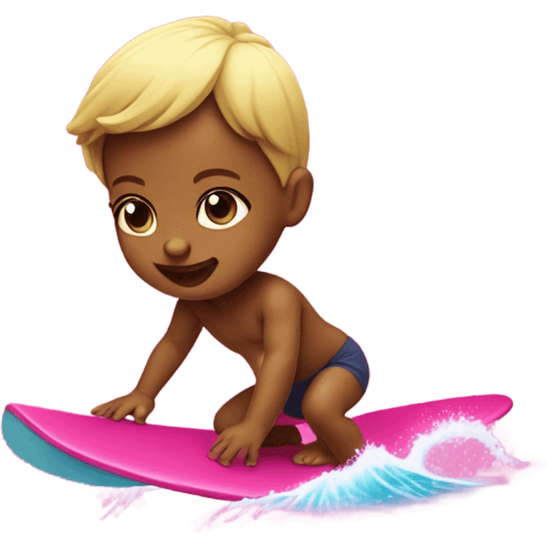 Newborn baby surfing on a hot pink ocean wave  emoji