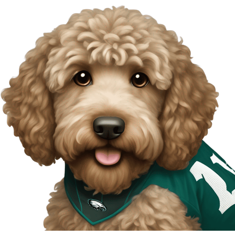 Light brown Labradoodle wearing a Philadelphia eagles jersey emoji