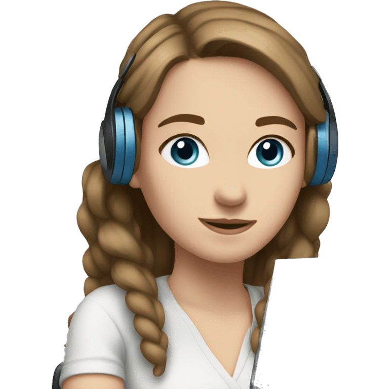 white girl at desk, brown hair, ponytail, blue eyes, computer, headphones emoji