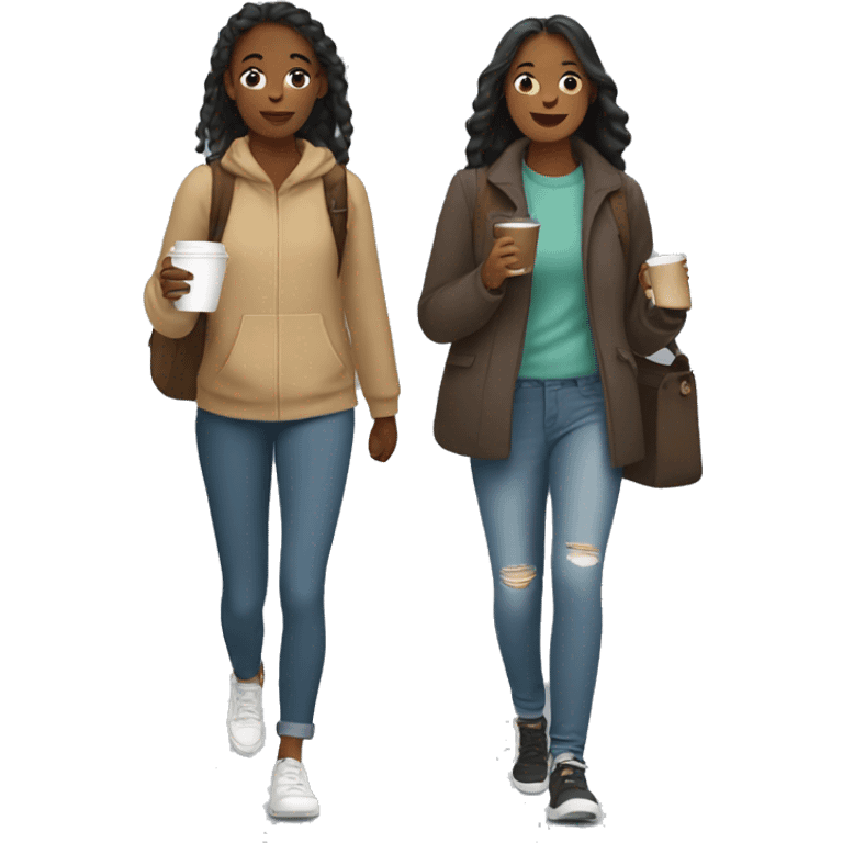 Two girls on a walk with a coffee emoji