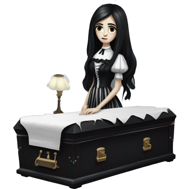 A gothic-style girl with long black hair in a black coffin with a white cushioned interior. She wears a striped black-and-white dress. Nearby is a white desk with dark books and an antique lamp. emoji