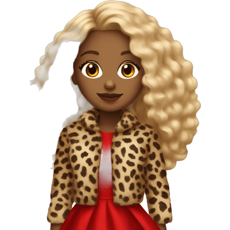 Brown girl curly long blonde hair wearing cheetah fur coat red dress and red heels  emoji