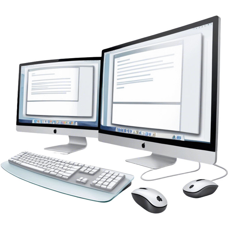 Create an emoji for UX/UI design. Two large curved monitors placed next to each other, displaying design mockups or wireframes. A mouse, keyboard, and stylus to symbolize the tools used in the design process. Do not include any emojis or smiley faces. Background transparent. emoji