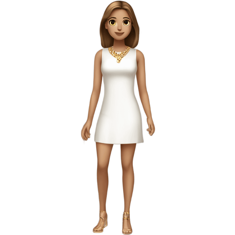 do a white cute girl with brown straight hair with highlights brown eyes and gold jewelry, full body, legs arms and a white short dress emoji