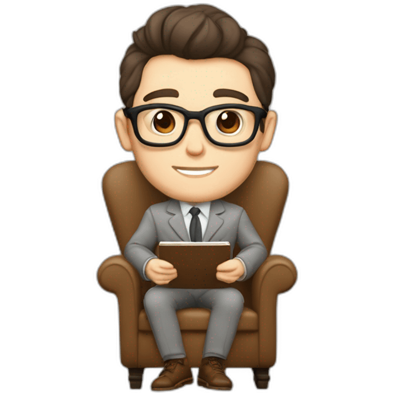 Pale skinned Fit Man With dark brown hair in gray jacket, beige office shirt, Brown pants and vintage glasses sitting In a soft chair with a notebook on spring with emblem Ψ and a pen emoji