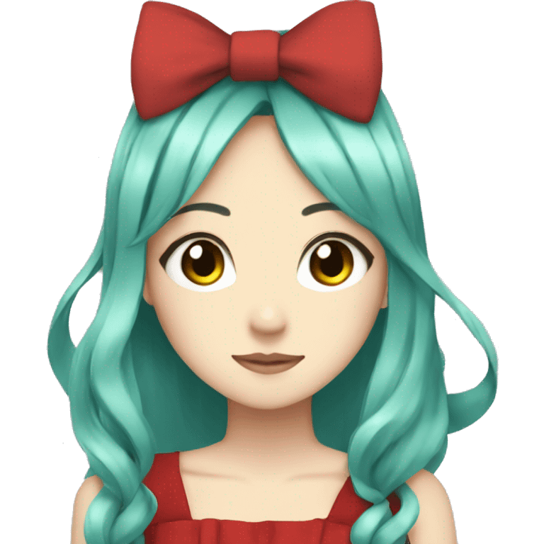 anime, girl, long teal hair, red eyes, black bow on her head, red dress emoji