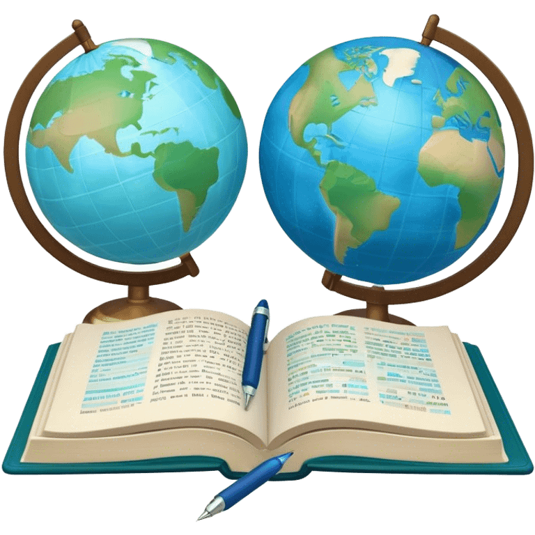 Create an emoji representing language translation. The design should feature a single globe in the background, symbolizing international communication. In front of the globe, place two opened books, with texts in it and a pen nearby to indicate the act of writing and vocabulary. Use a clean and professional color palette with blues, greens, and neutral tones. Do not include any emojis or smiley faces. Make the background transparent emoji