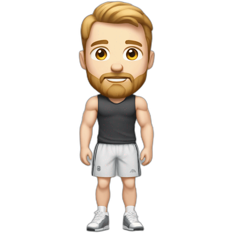 Full height Pale skinned fit man With biceps, Realistic eyes, light brown hair and very short beard In dark gray sleeveless mike, black oversize sports shorts, watch and white sneakers. emoji