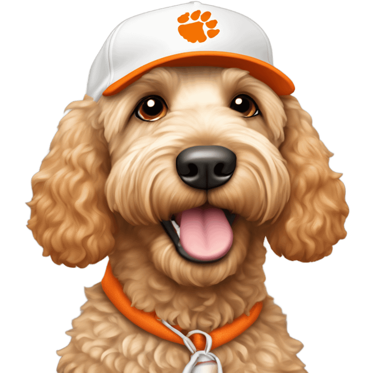 labradoodle dog wearing a white and orange Clemson baseball cap￼ emoji