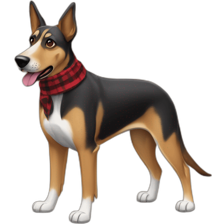 adult 75% Coonhound 25% German Shepherd mix dog with visible tail wearing small pointed red buffalo plaid bandana full body walking left quickly emoji