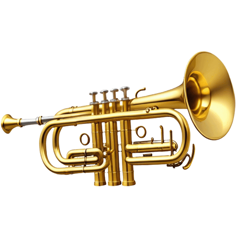 Create a professional and polished emoji representing the Brahner trumpet. The design should showcase the shiny brass body of the trumpet, with its distinct valves and bell. Highlight the smooth curves of the tubing and the elegant flared bell at the end. The valves should be visible with their metal buttons, and the mouthpiece should be positioned at the top of the instrument. Use bright gold and brass tones with reflective light effects to emphasize the trumpet’s polished, high-quality finish. Add subtle musical notes around the trumpet to evoke its bright, bold sound. The background should be transparent. emoji