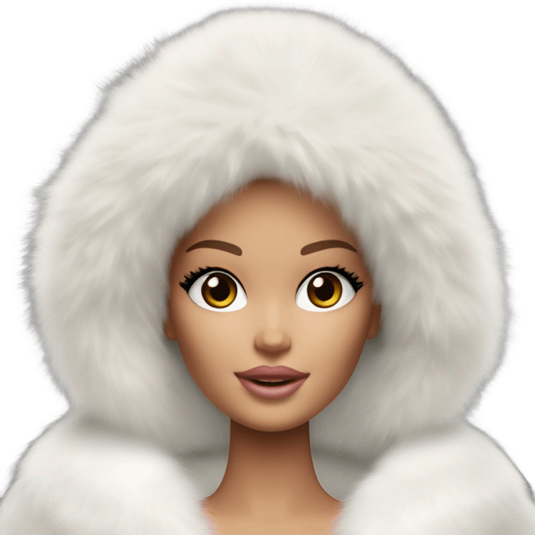 Barbie in an extremely big fluffy oversized white fur coat with hood on. The fur is real and it’s very obvious big and fluffy like in Pinterest  emoji