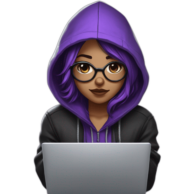 Girl broun artist with round glasses left side behind his laptop with this style: valorant riot Game purple character purple black hooded hacker themed character emoji