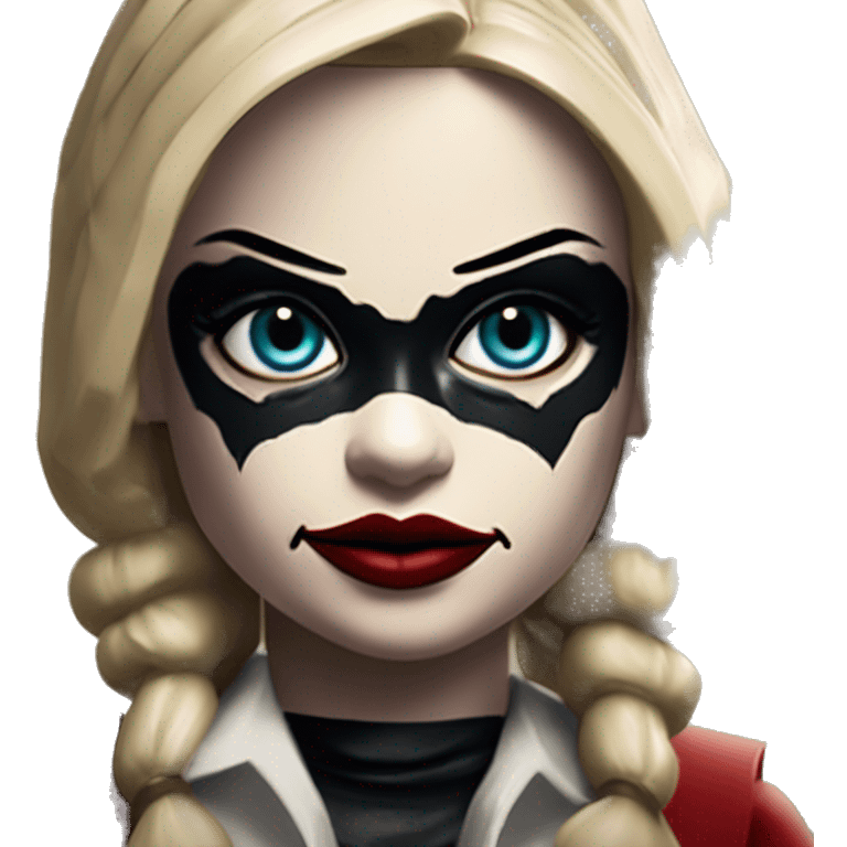 Lego in Harley Quinn style, oil paint, mysterious eyes, intricate lips, masterpiece portrait, odd perspective, beautiful, desirable, logical emoji