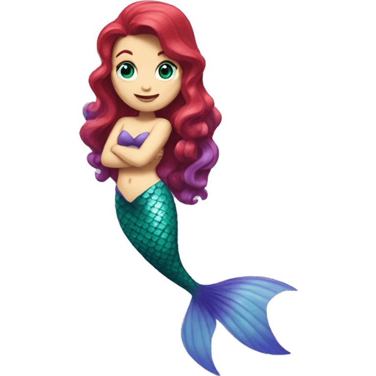 Ariel, the mermaid swimming. Her tail is green, her top is purple, and her hair is bright, red and wavy. She has pale skin and blue eyes. She is swimming. emoji