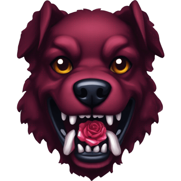 8 bit demonic mutated  dog dark red in color. The teeth made out of sapphires and holding a rose in its mouth emoji